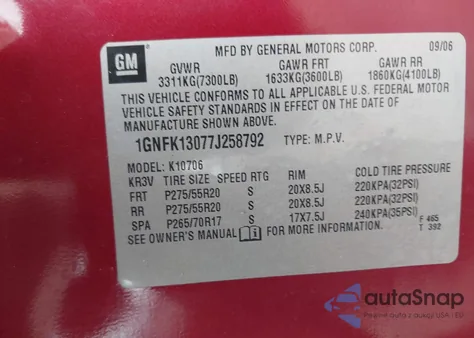 2007 Chevrolet Tahoe Ltz z USA, uszkodzony, nr VIN 1GNFK13077J258792